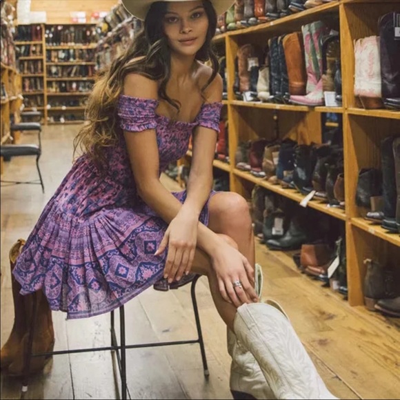 Off the Shoulder Boho Floral Print Dress Purple - Picture 4 of 9